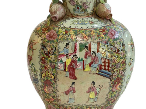 Large Cantonese 19th Century flask shaped vase decorated with figures in panels surrounded by flowers and butterflies, the short cylindrical neck flanked with pomegranates, 40.5cm. thumbnail