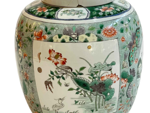 Chinese famille verté jar and cover decorated with panels on floral ground, Qing Dynasty, 24cm. thumbnail