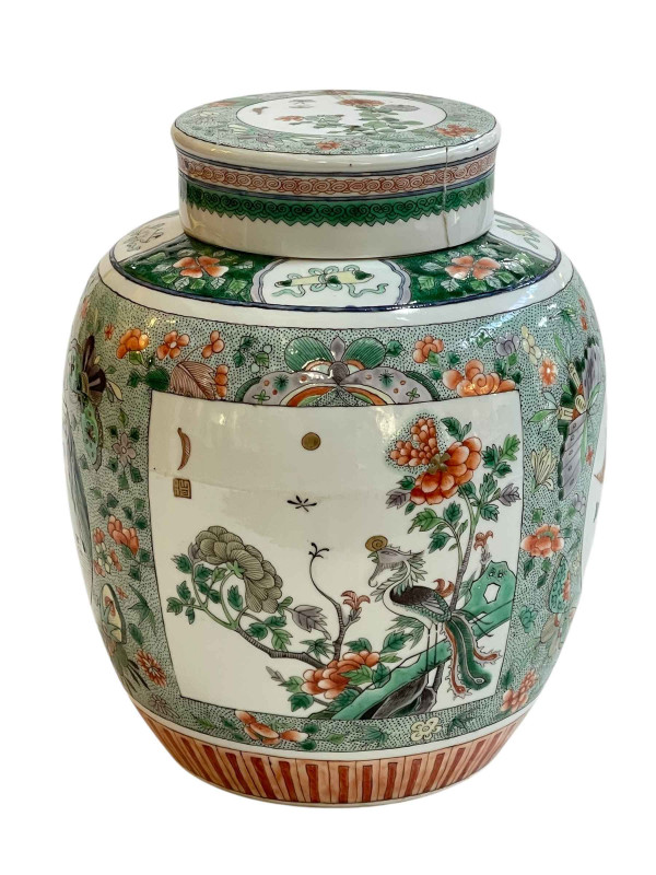 Chinese famille verté jar and cover decorated with panels on floral ground, Qing Dynasty, 24cm.