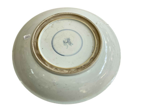 Chinese pottery circular dish decorated with geisha at a coffee table admiring a shanshui scroll, the base with a leaf motif within a double circle, 28.5cm. thumbnail
