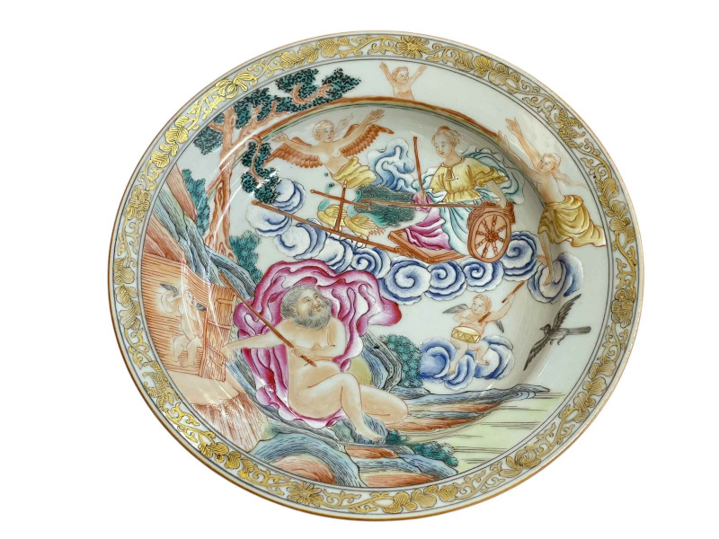 Chinese plate decorated with figures and angels surrounded by gilt border, 22cm.