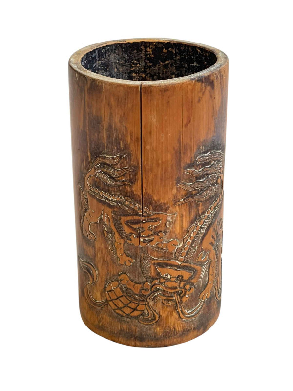 Chinese carved bamboo brush pot, 17cm.