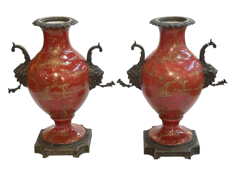 Pair of Oriental china and gilt metal mounted urn shaped vases with chinoiserie decoration, 39cm.