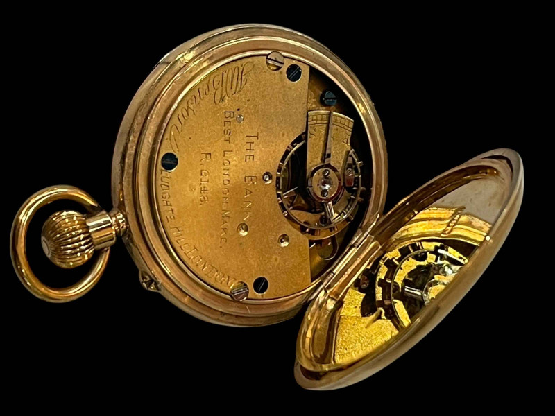 9 carat gold keyless half hunter, the dial signed Benson, London.