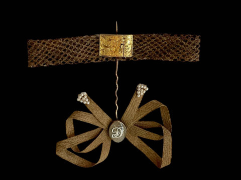 Delicate woven mourning bracelet with engraved clasp and bow tied pin...