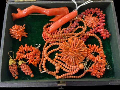Coral jewellery including pendant, brooch, earrings, etc.
