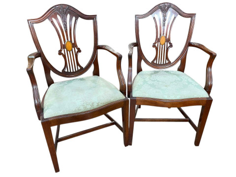 Pair inlaid mahogany shield back elbow chairs.