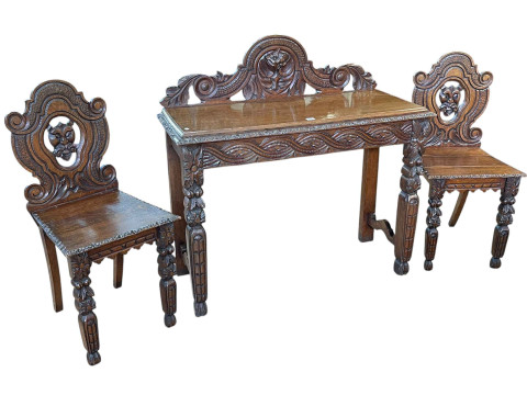 Victorian carved oak hall table and pair matching hall chairs.