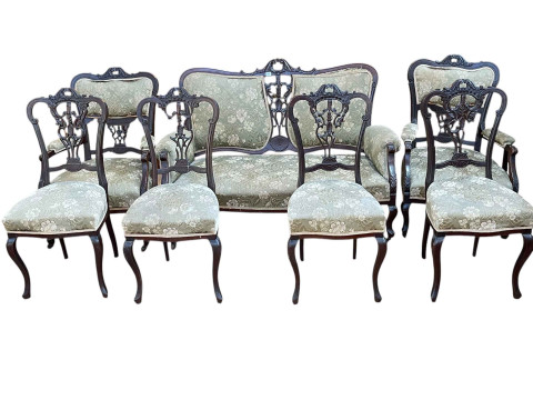 Edwardian mahogany seven piece parlour suite comprising two seater sofa,...