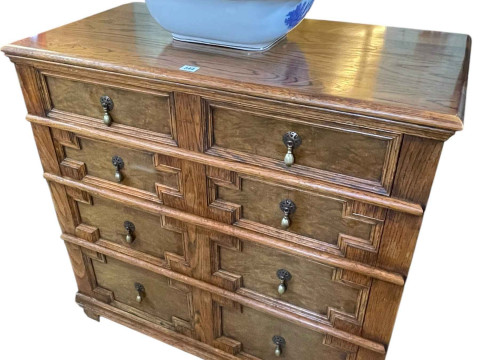 Jacobean style oak chest of four long drawers, 87cm by 90.5cm by 47cm.