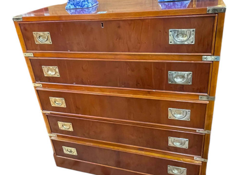 Yew campaign style five drawer secretaire chest, 82.5cm by 76.5cm by 43.5cm.