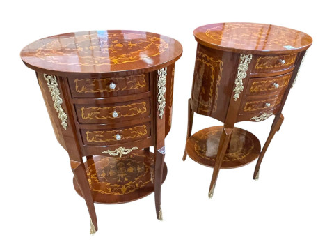 Pair Continental oval inlaid and gilt mounted three drawer pedestals,...