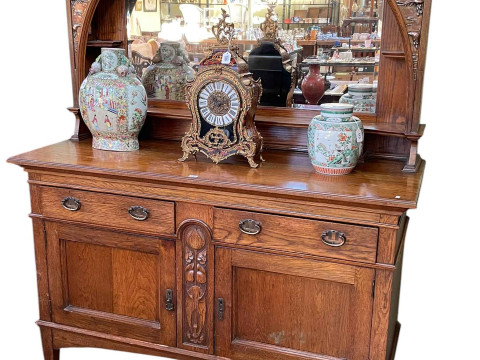 Art Nouveau oak mirror back sideboard with decorative copper panels, 195cm...