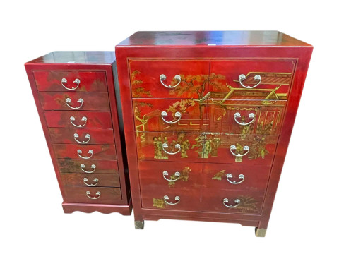 Red lacquered and chinoiserie decorated slim eight drawer chest, 97cm...