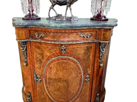 Continental walnut, chequer inlaid and brass mounted marble topped serpentine...