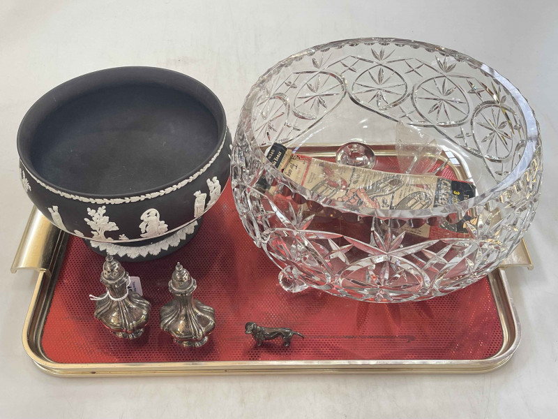 Large glass fruit bowl, Wedgwood black Jasperware pedestal bowl, silver pepperettes and small silver Dachshund.