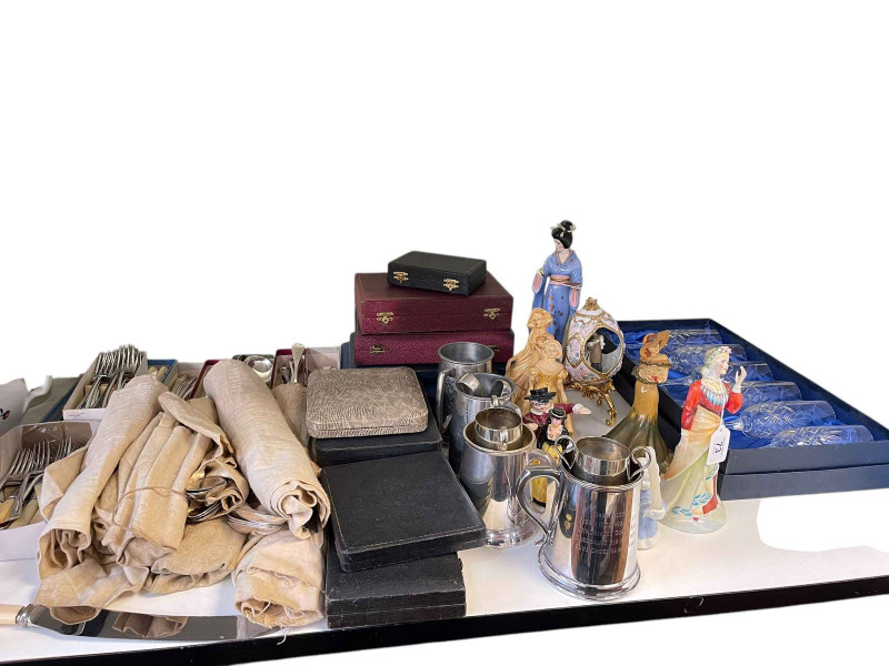Collection of cutlery, boxed glasses, tankards, Crown Devon and other figures, etc.