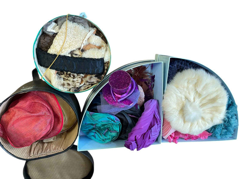 Collection of wedding and other hats, hat boxes, etc.