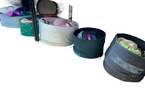 Collection of wedding and other hats, hat boxes, etc.