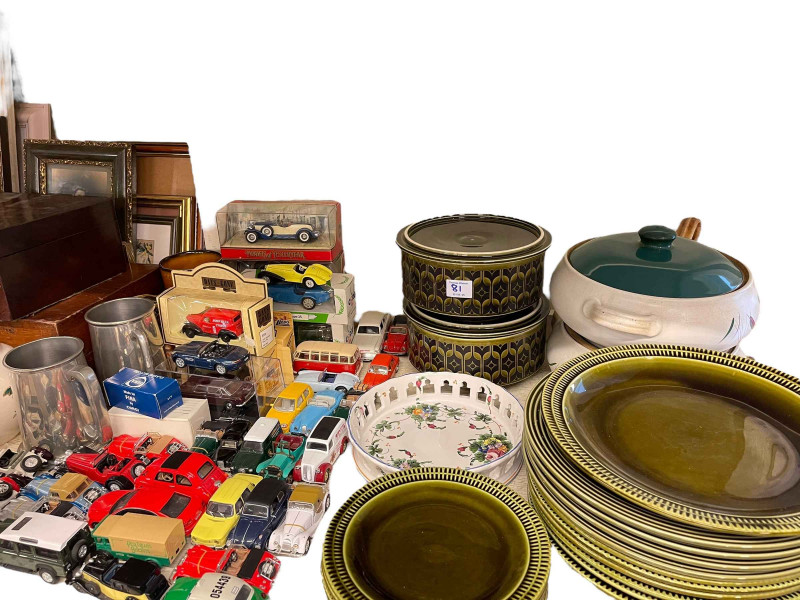 Full shelf of glass, china, 78 records, pictures, model vehicles, ornaments, etc.