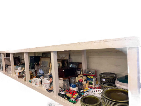 Full shelf of glass, china, 78 records, pictures, model vehicles, ornaments,...