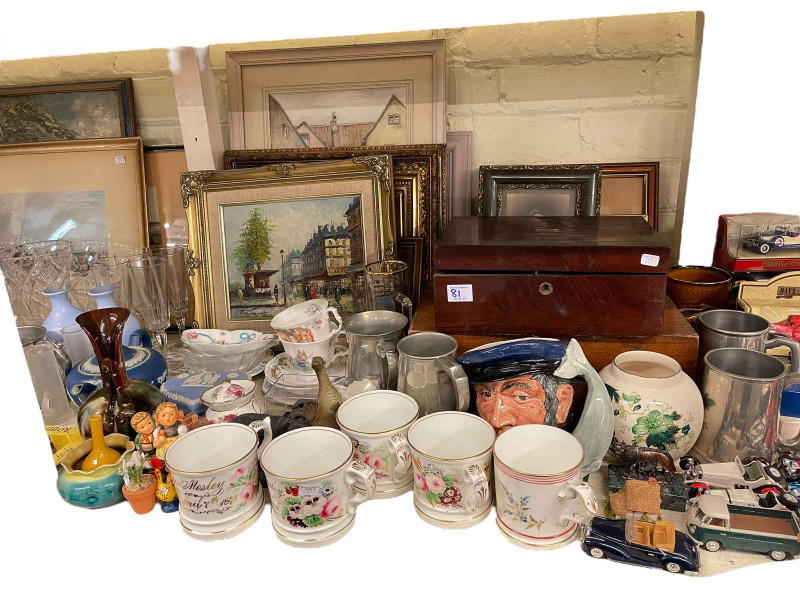 Full shelf of glass, china, 78 records, pictures, model vehicles, ornaments, etc.