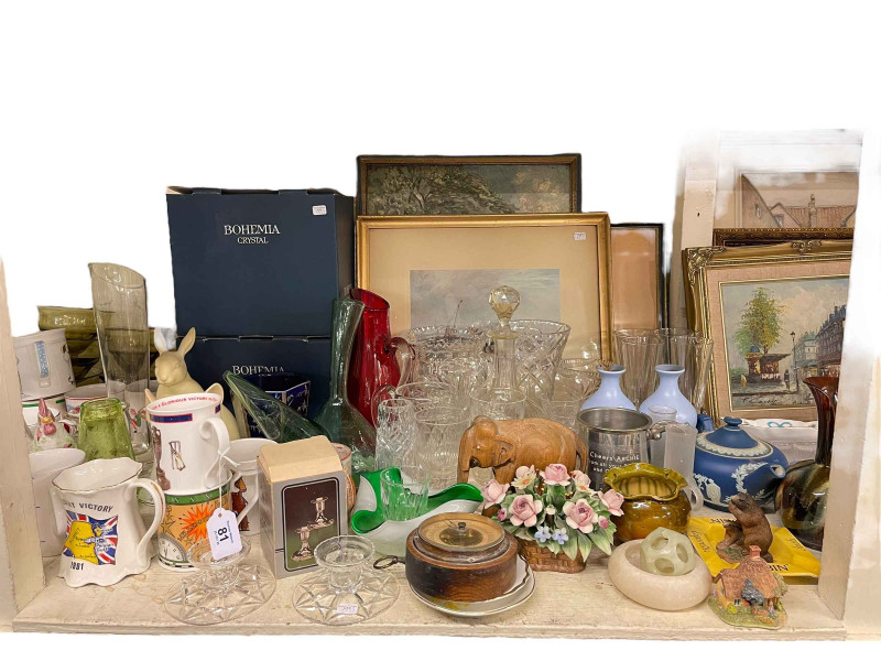 Full shelf of glass, china, 78 records, pictures, model vehicles, ornaments, etc.