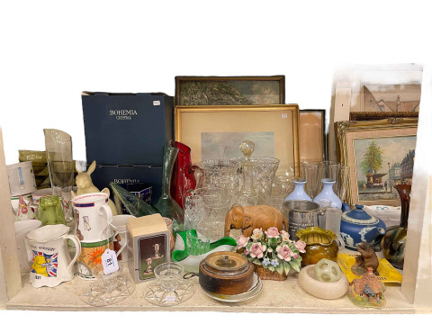 Full shelf of glass, china, 78 records, pictures, model vehicles, ornaments, etc. thumbnail