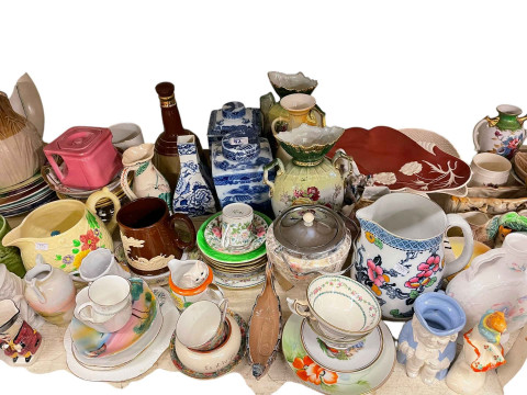 Full shelf of glass and china including Ringtons caddies, ornaments, figurines, vases, etc. thumbnail