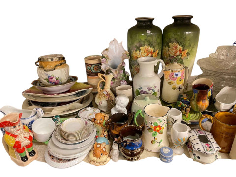 Full shelf of glass and china including Ringtons caddies, ornaments, figurines, vases, etc. thumbnail