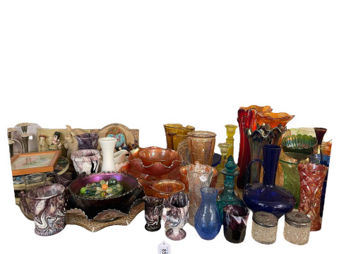 Full shelf of glass and china including Carnival Glass, relief moulded jugs, Wallace & Gromit ornaments, Dunoon mugs, etc. thumbnail