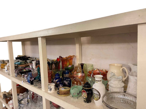 Full shelf of glass and china including Carnival Glass, relief moulded...