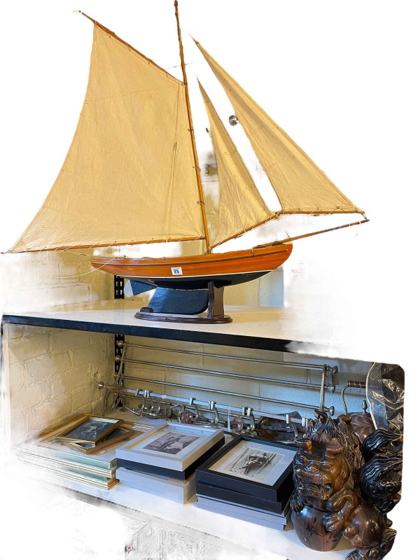 Eastern copper kettle, fire irons, pair of dogs of fo, nude photos, pond yacht, etc.