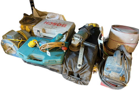 Collection of mostly 110volt tools and transformer.