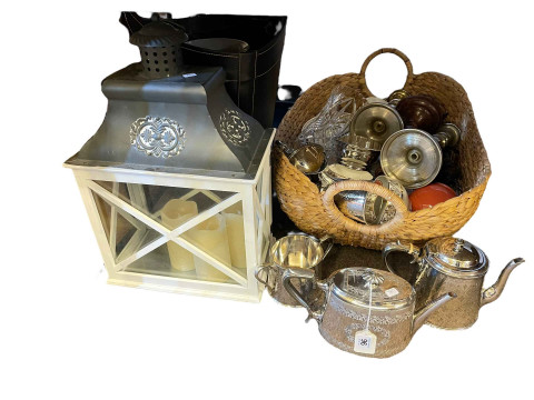 Mahogany chair, Lowry print, silver plated ware, lantern, etc.