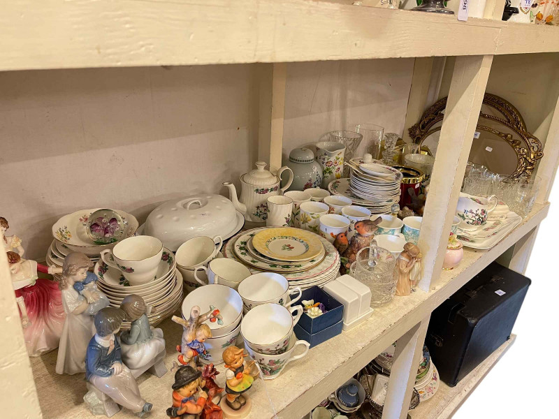 Three gilt mirrors, assorted china and glass, Coalport, Royal Doulton, Nao and Hummel figures, etc.