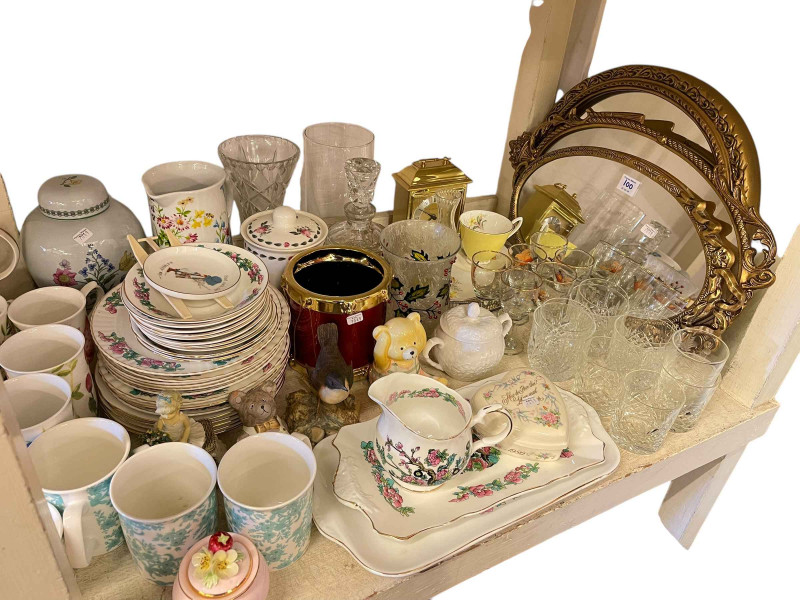 Three gilt mirrors, assorted china and glass, Coalport, Royal Doulton, Nao and Hummel figures, etc.