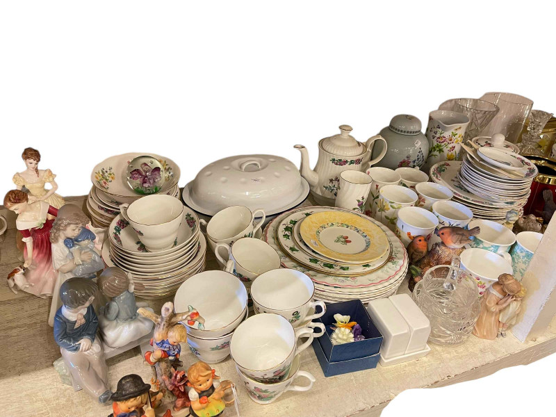 Three gilt mirrors, assorted china and glass, Coalport, Royal Doulton, Nao and Hummel figures, etc.