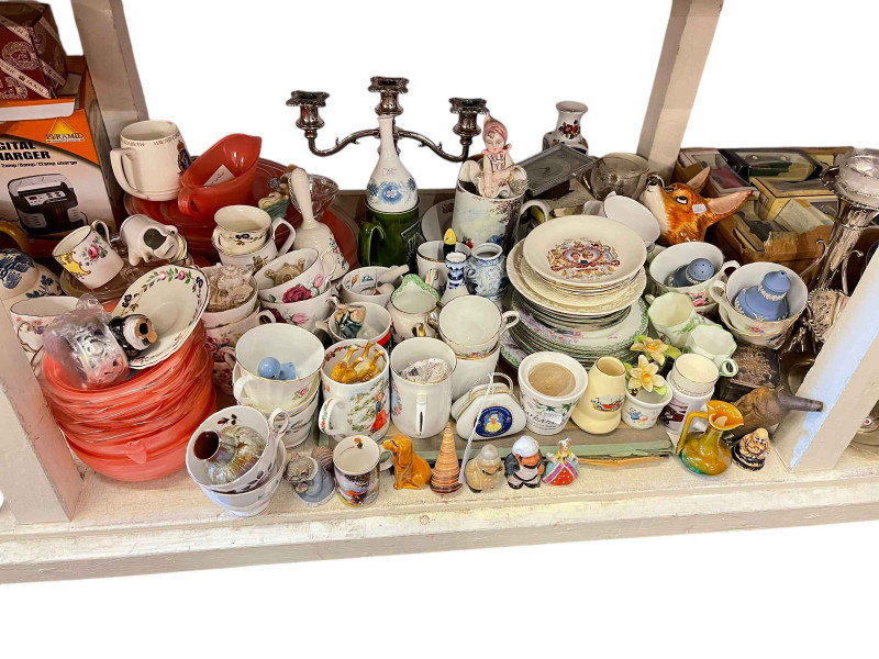 Full shelf of glass, china, dinnerware, gramophone, model vehicles, silver plate, etc.