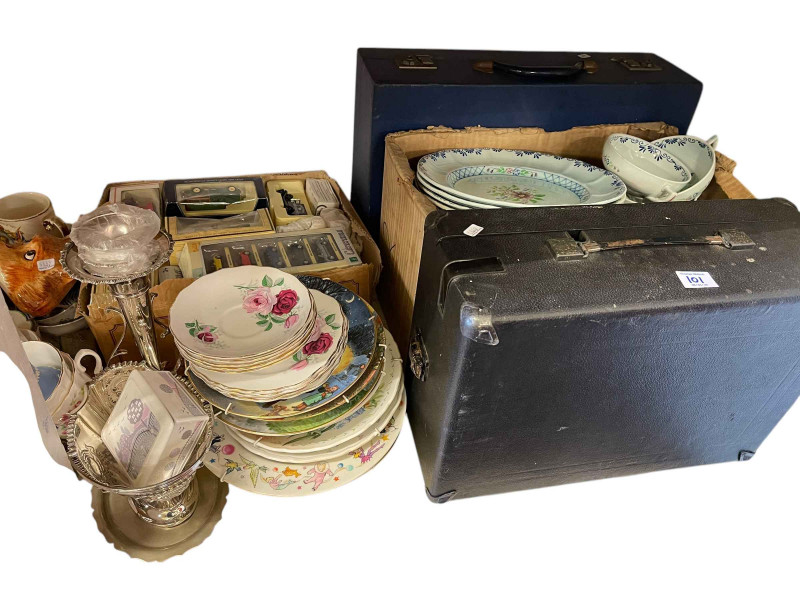 Full shelf of glass, china, dinnerware, gramophone, model vehicles, silver plate, etc.