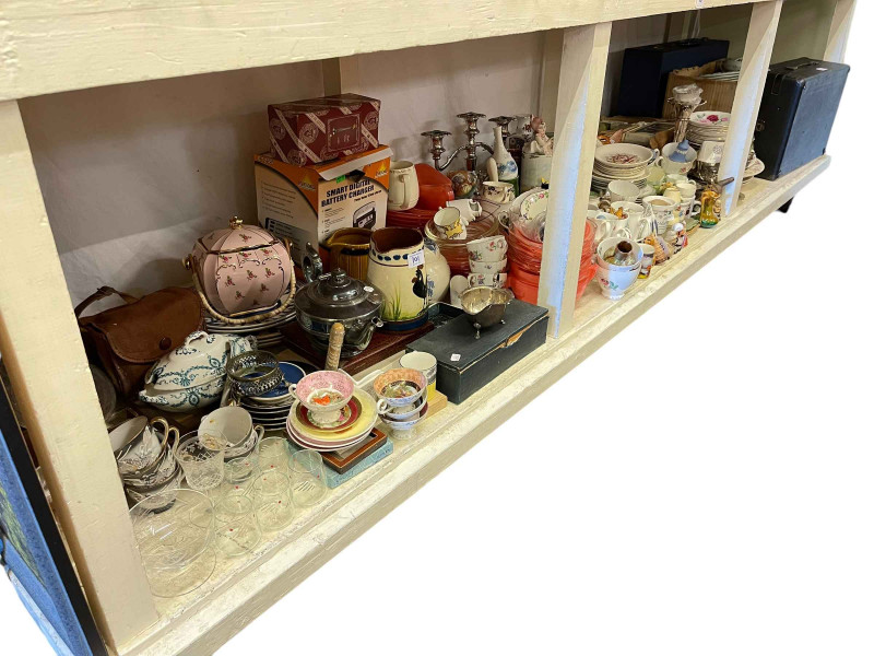 Full shelf of glass, china, dinnerware, gramophone, model vehicles, silver plate, etc.