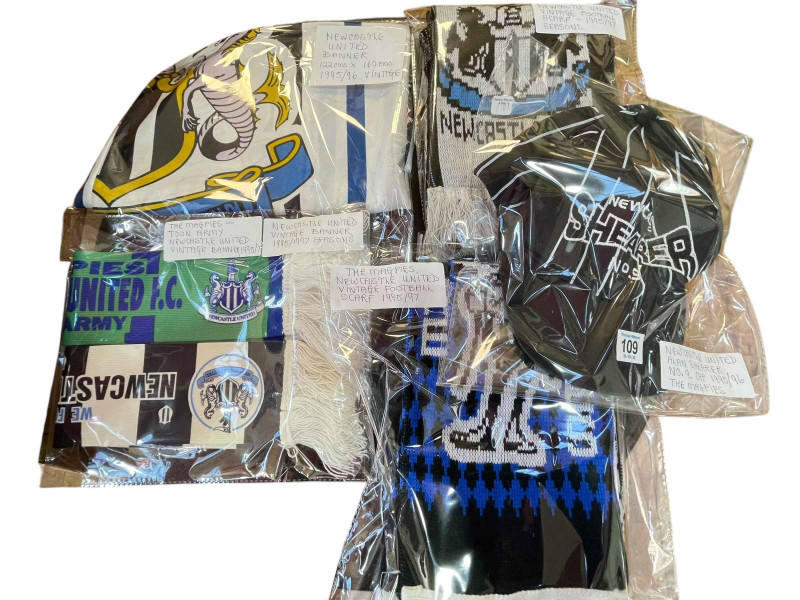 Magpies and Newcastle United 1995-1997 scarfs, two mid 90's banners and 1995/96 Shearer No 9 Cap.
