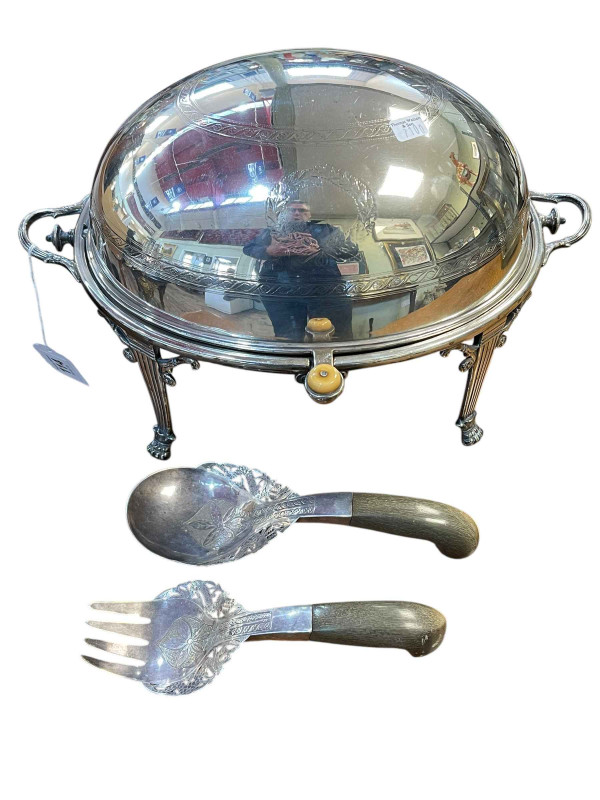 Silver plated roll top breakfast warming dish and pair of servers.