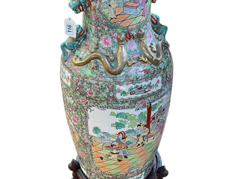 Large pair of floor standing Cantonese famille rose vases with decorated panels on floral ground each on six footed wooden stands, 86cm including stand. thumbnail