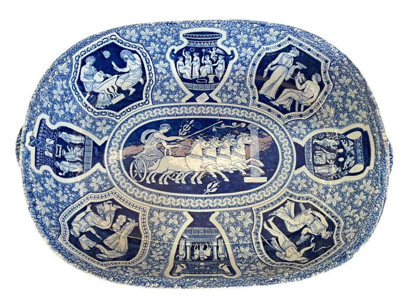 Large Spode early 19th Century blue and white transfer printed Greek Series platter, 53cm across.