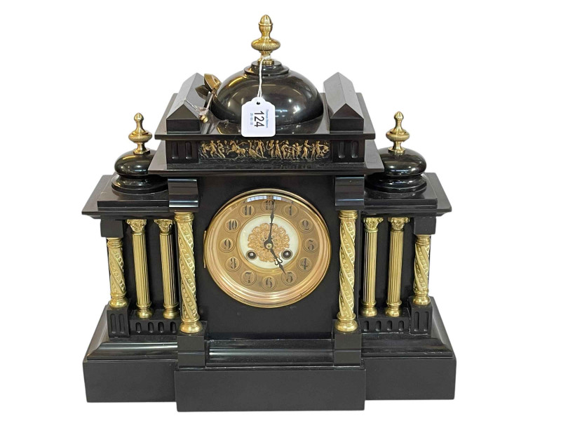 Large slate and brass pillared mantel clock with brass and enamel dial.
