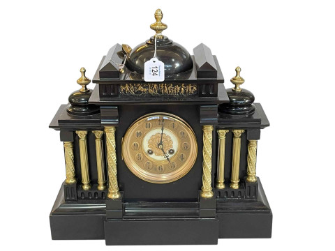 Large slate and brass pillared mantel clock with brass and enamel dial.