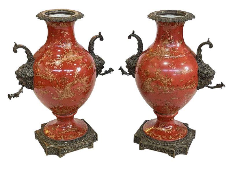 Pair of Oriental china and gilt metal mounted urn shaped vases with chinoiserie decoration, 39cm.