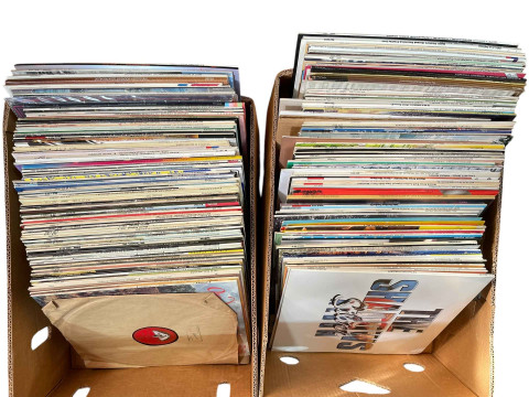 Four boxes of vinyl LP records and singles. thumbnail