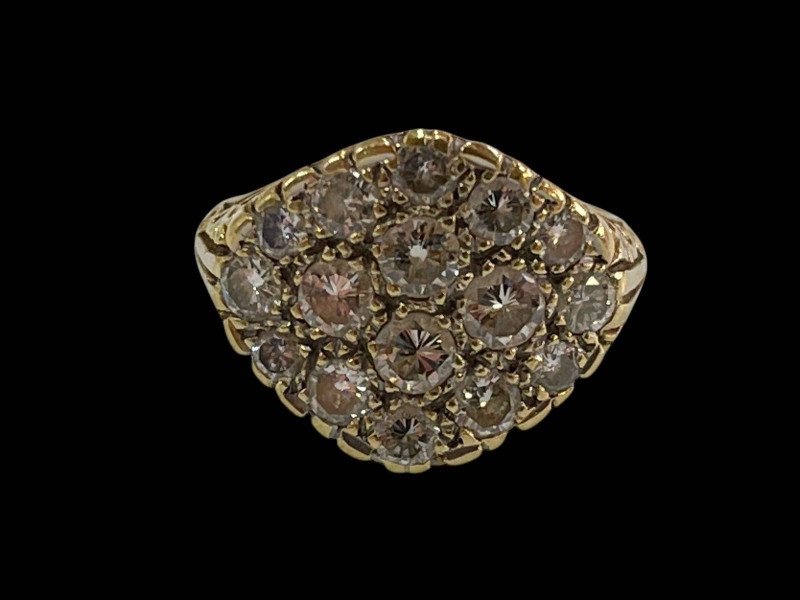Diamond sixteen stone cluster 18 carat gold ring, totalling in excess of two carats, size N.